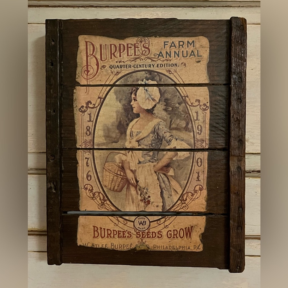 Antique Wood Box Lid with Burpees Seed Farm Annual Advertisement